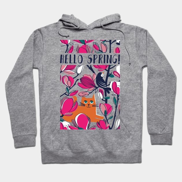 Hello Spring! // spot illustration with quote // orange tabby cat fuchsia pink Magnolia full bloom navy blue branches birds and lines Hoodie by SelmaCardoso